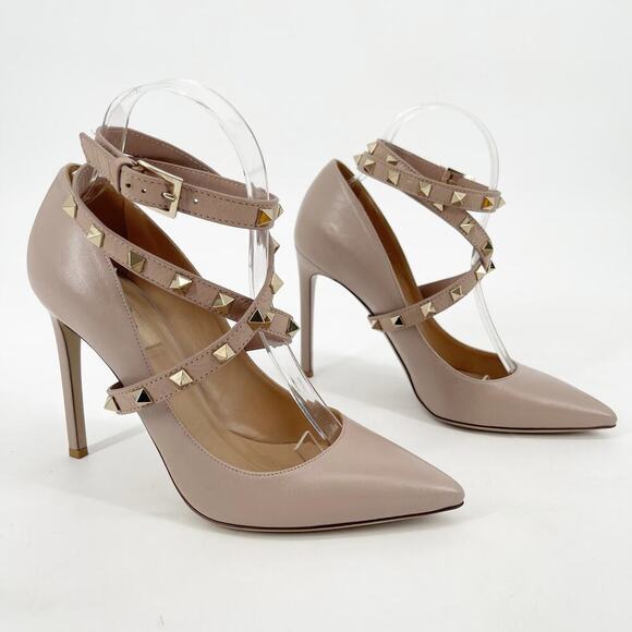 Valentino Garavani Tan Rockstud Studwrap Strap 105mm Pointed Toe Pump EU 38 - Picture 1 of 11